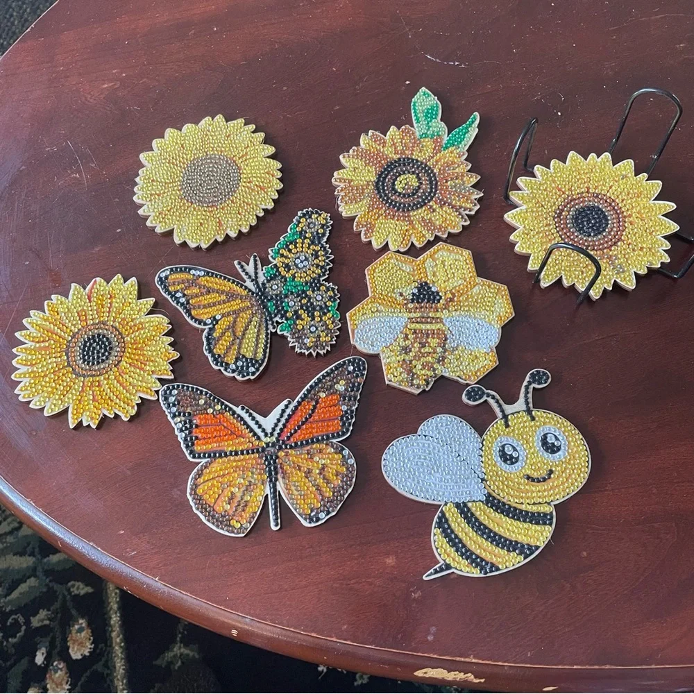 Colorful Butterfly Bee Flower Bedazzled Coaster Set - Picture 2 of 3